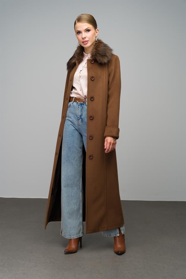 Large Size Fur Coat with Removable Collar TOBACCO 3988