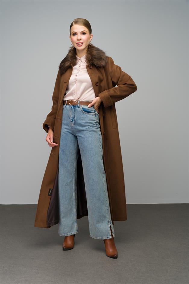 Large Size Fur Coat with Removable Collar TOBACCO 3988