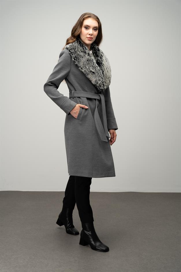 Furry Coat with Removable Collar, Snap Closure and Waist Belt GREY 3016