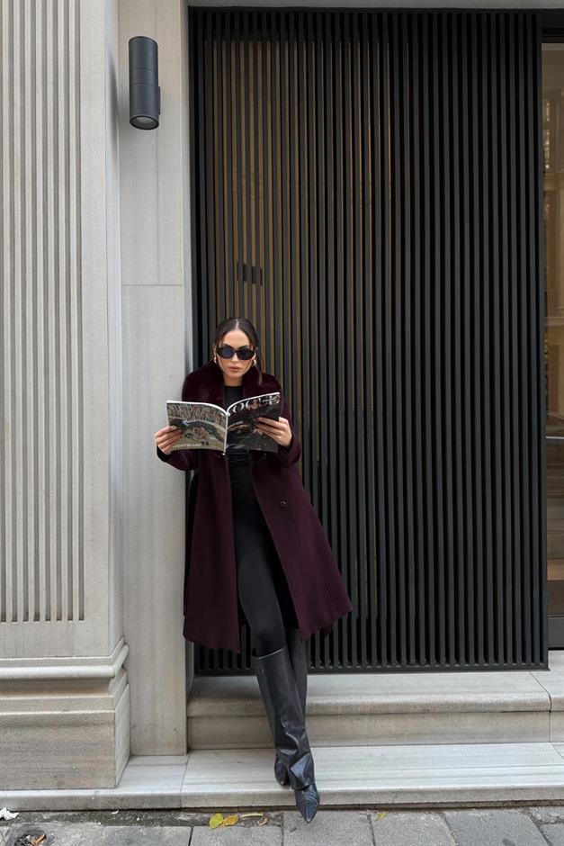 Furry Coat with Removable Collar, Snap Closure and Waist Belt DAMSON 3016