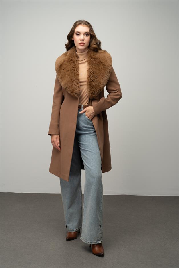 Furry Coat with Removable Collar, Snap Closure and Waist Belt CAMEL 3016