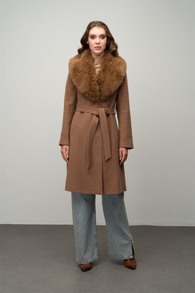 Furry Coat with Removable Collar, Snap Closure and Waist Belt CAMEL 3016