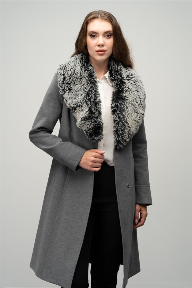 Furry Coat with Removable Collar, Snap Closure and Waist Belt GREY 3016