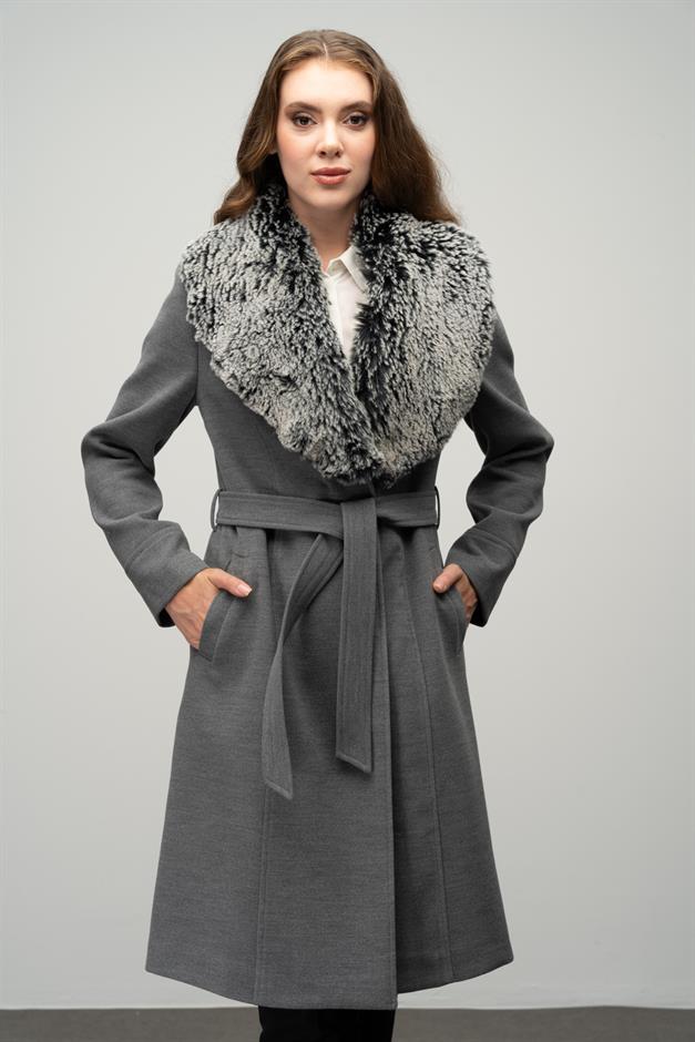 Furry Coat with Removable Collar, Snap Closure and Waist Belt GREY 3016