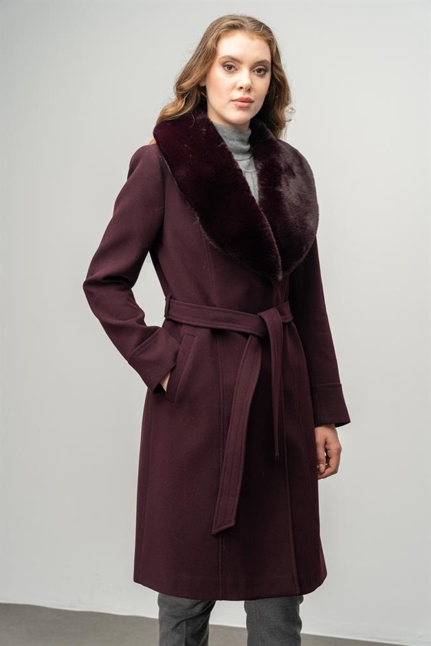 Furry Coat with Removable Collar, Snap Closure and Waist Belt DAMSON 3016