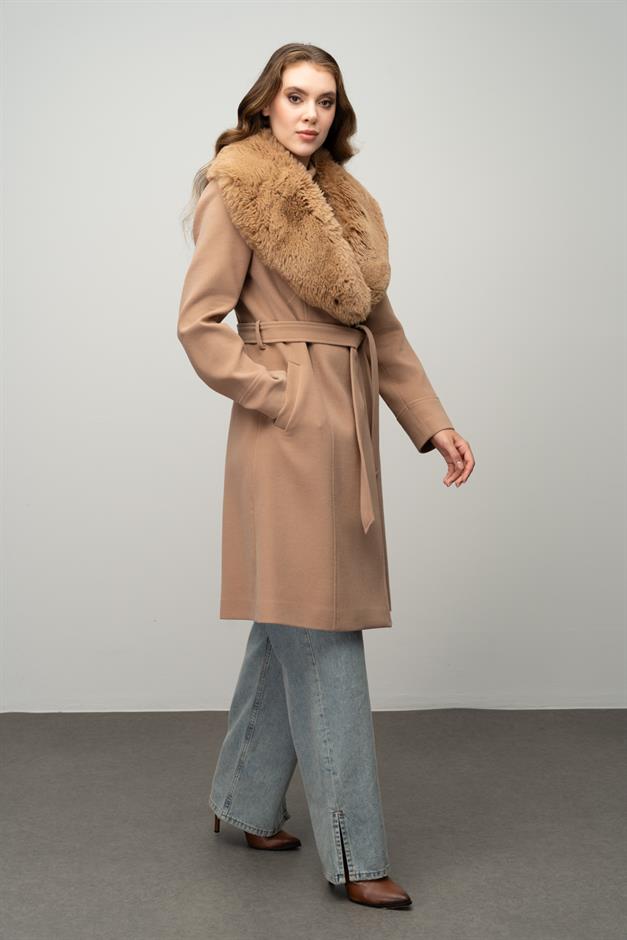 Furry Coat with Removable Collar, Snap Closure and Waist Belt CAMEL 3016