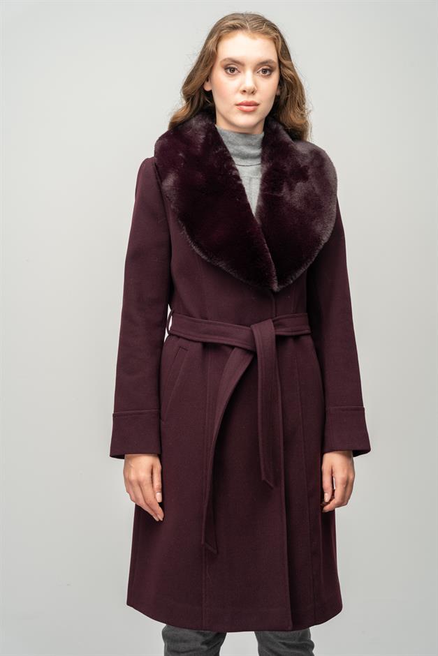 Furry Coat with Removable Collar, Snap Closure and Waist Belt DAMSON 3016