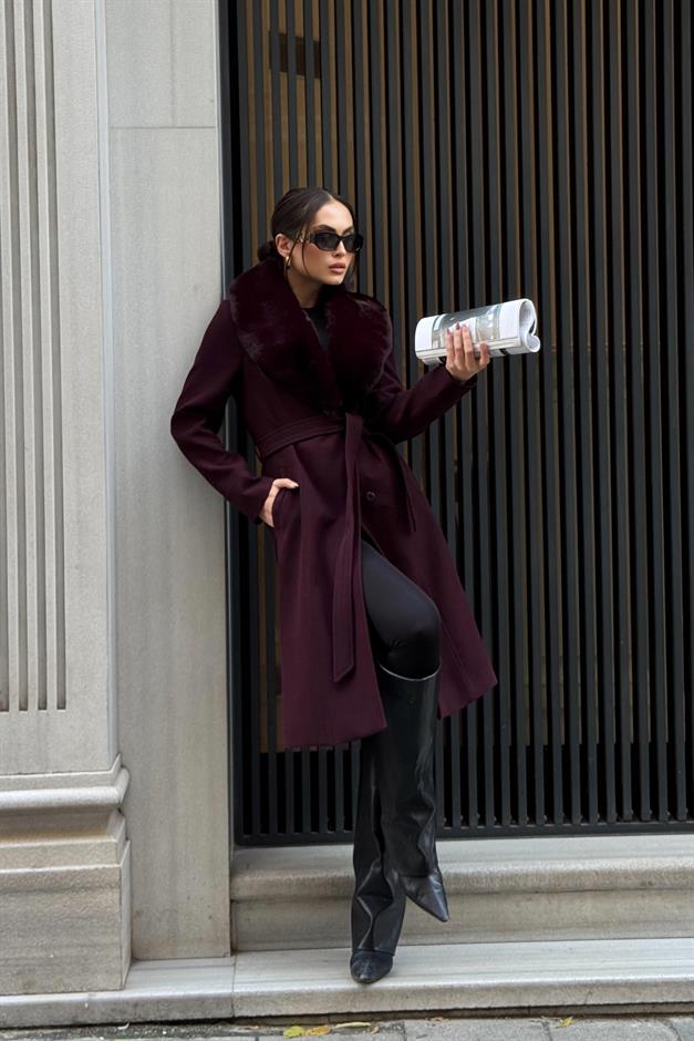 Furry Coat with Removable Collar, Snap Closure and Waist Belt DAMSON 3016