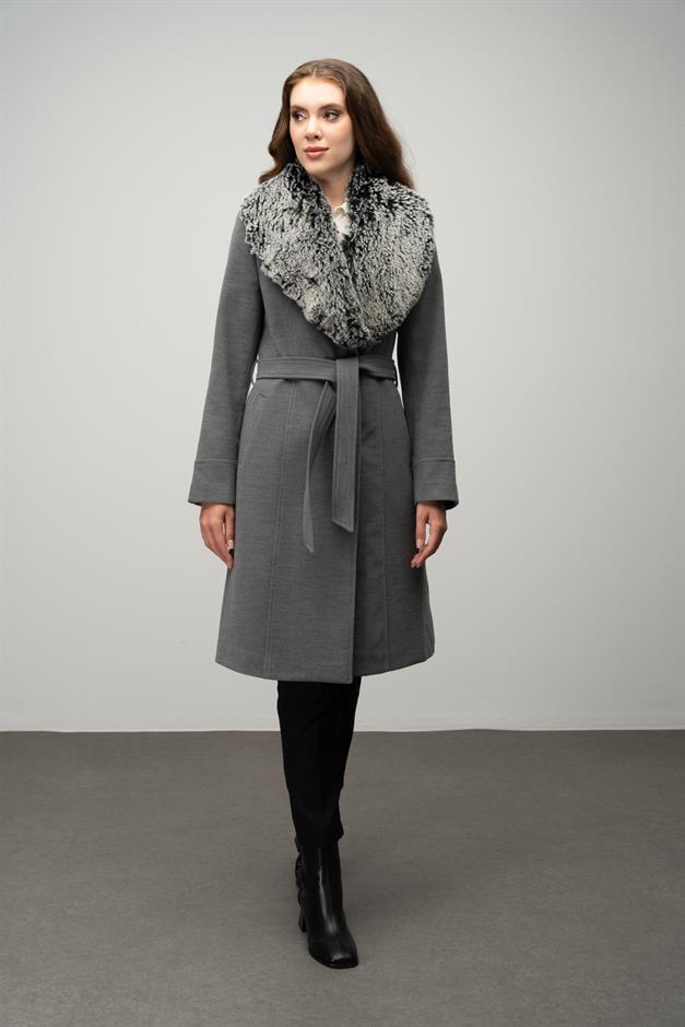 Furry Coat with Removable Collar, Snap Closure and Waist Belt GREY 3016