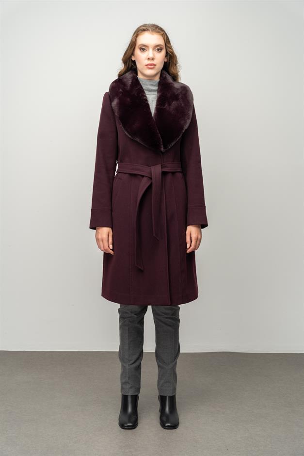 Furry Coat with Removable Collar, Snap Closure and Waist Belt DAMSON 3016