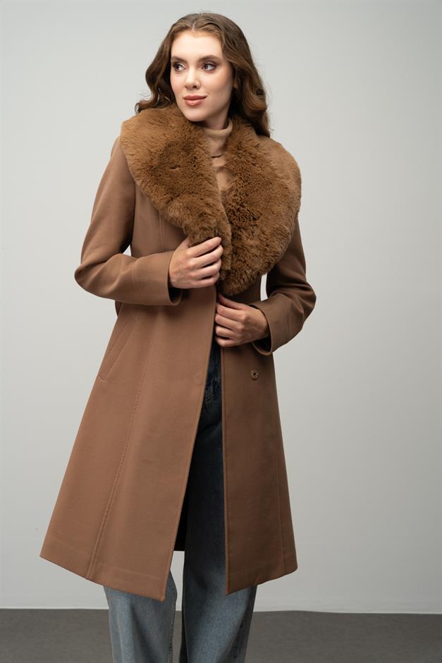 Furry Coat with Removable Collar, Snap Closure and Waist Belt CAMEL 3016