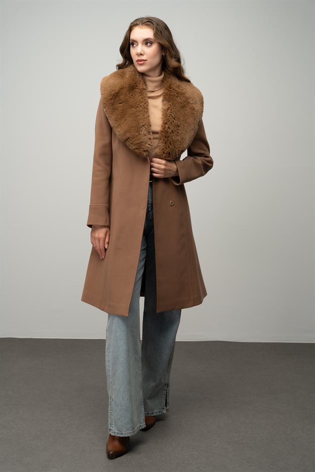 Furry Coat with Removable Collar, Snap Closure and Waist Belt CAMEL 3016