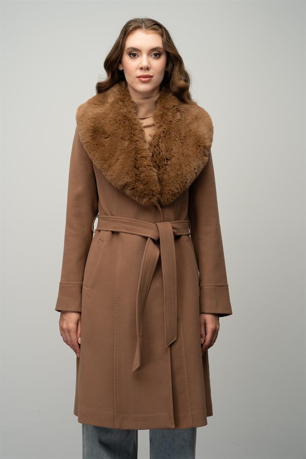Furry Coat with Removable Collar, Snap Closure and Waist Belt CAMEL 3016