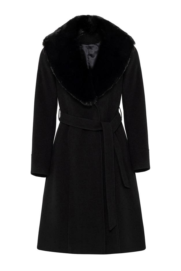 معطف فروي مع طوق قابل للإزالة وإغلاق سريع وحزام خصر أسود 3016