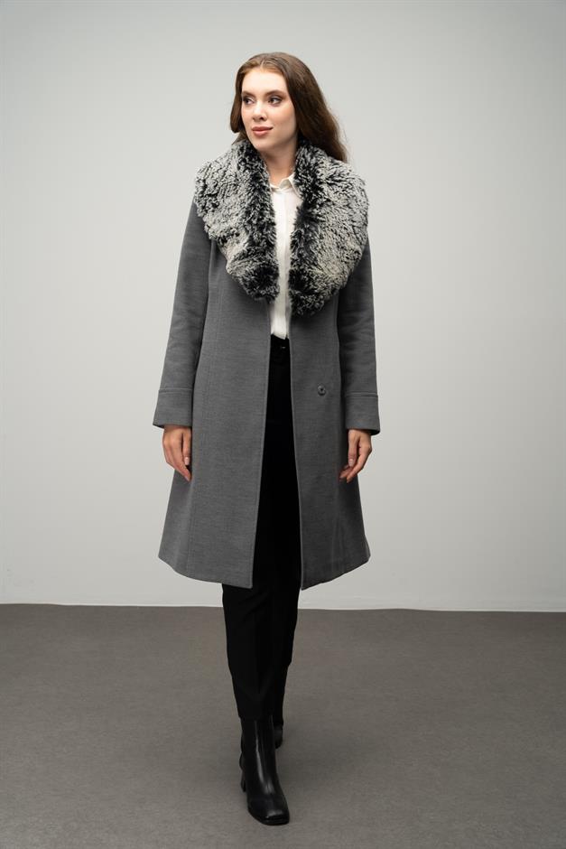 Furry Coat with Removable Collar, Snap Closure and Waist Belt GREY 3016