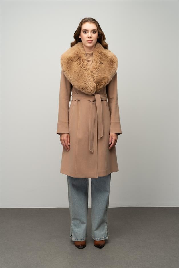 Furry Coat with Removable Collar, Snap Closure and Waist Belt CAMEL 3016