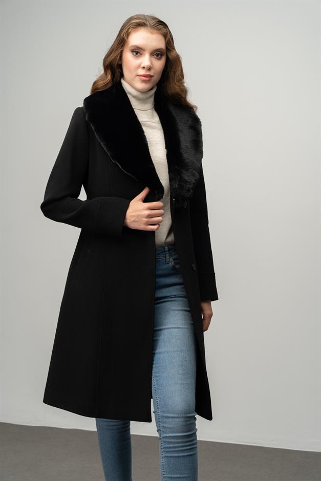 Yakası Çıkabilen Kürklü Çıt Çıt Kapamalı Belden Kuşaklı Kaban SİYAH 3016