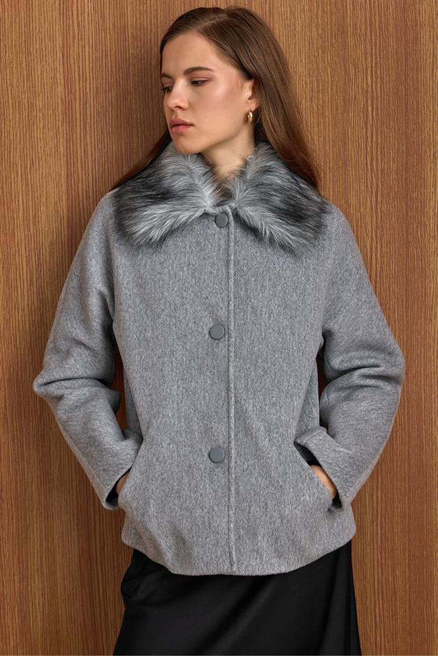 Yakası Çıkabilen Kürklü Kısa Kaban AÇIK GRİ 3158