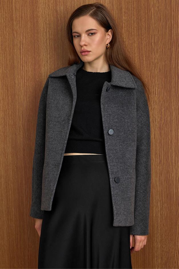 Yakası Çıkabilen Kürklü Kısa Kaban KOYU GRİ 3158