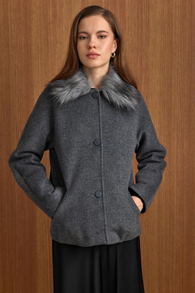 Yakası Çıkabilen Kürklü Kısa Kaban KOYU GRİ 3158