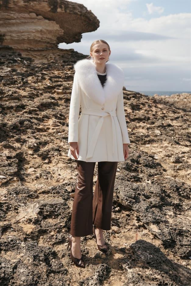 Flared Cashmere Coat with Removable Fur Collar IVORY 3008-TK