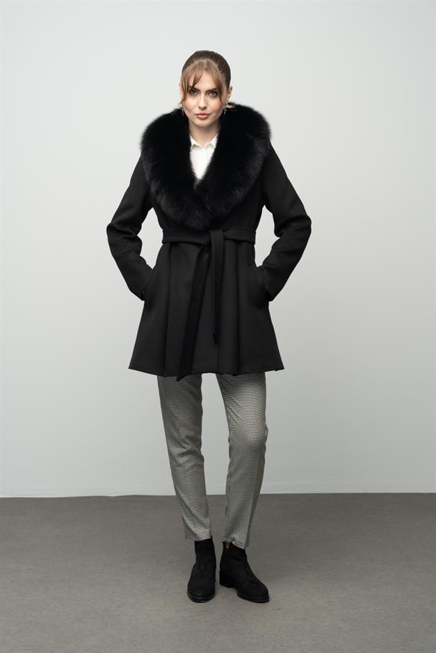 Flared Cashmere Coat with Removable Fur Collar BLACK 3008-TK