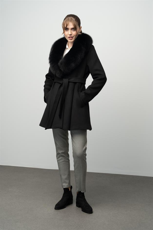 Flared Cashmere Coat with Removable Fur Collar BLACK 3008-TK
