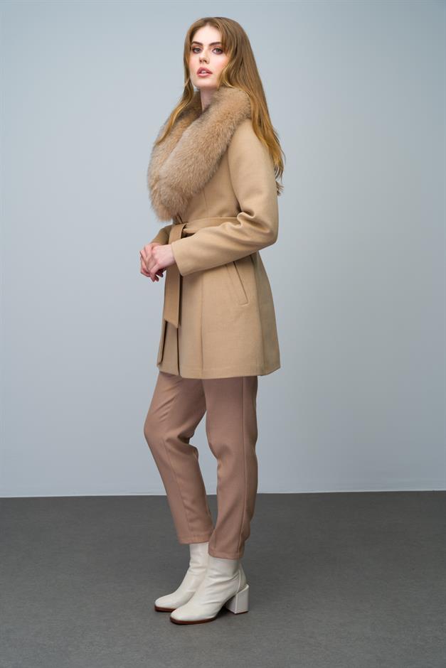 Flared Cashmere Coat with Removable Fur Collar BEIGE 3008-TK