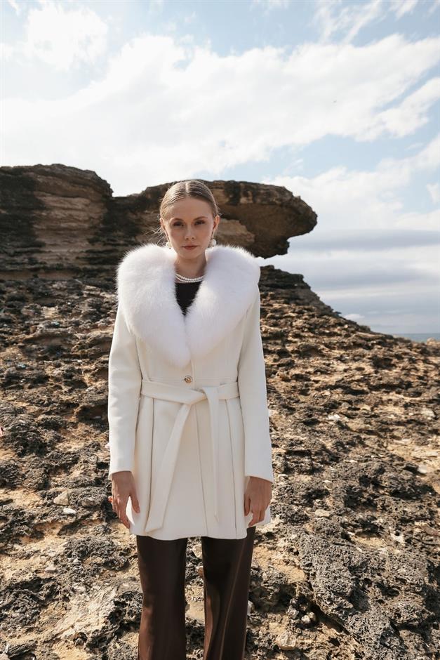 Flared Cashmere Coat with Removable Fur Collar IVORY 3008-TK