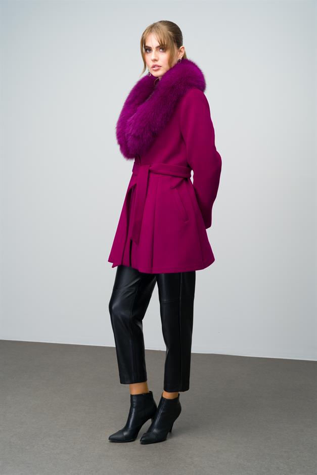Flared Cashmere Coat with Removable Fur Collar Fuchsia 3008-TK