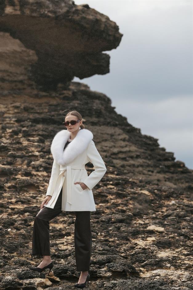 Flared Cashmere Coat with Removable Fur Collar IVORY 3008-TK