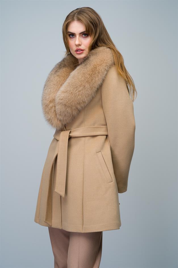 Flared Cashmere Coat with Removable Fur Collar BEIGE 3008-TK