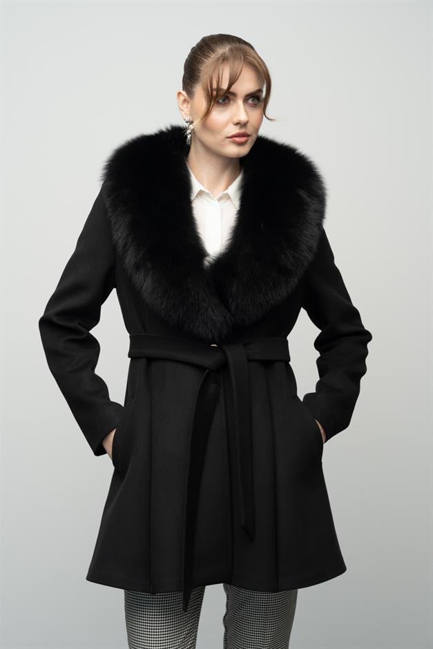 Flared Cashmere Coat with Removable Fur Collar BLACK 3008-TK
