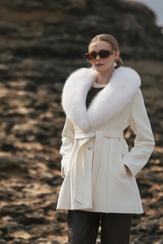 Flared Cashmere Coat with Removable Fur Collar IVORY 3008-TK