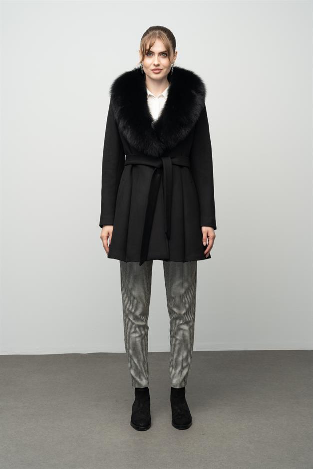 Flared Cashmere Coat with Removable Fur Collar BLACK 3008-TK