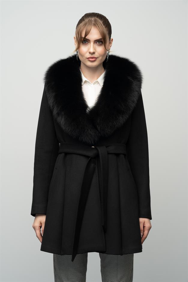 Flared Cashmere Coat with Removable Fur Collar BLACK 3008-TK
