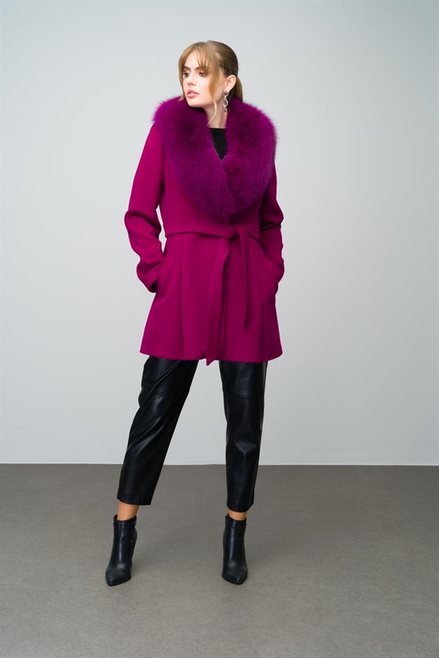 Flared Cashmere Coat with Removable Fur Collar Fuchsia 3008-TK