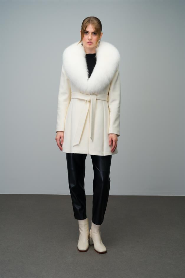 Flared Cashmere Coat with Removable Fur Collar IVORY 3008-TK