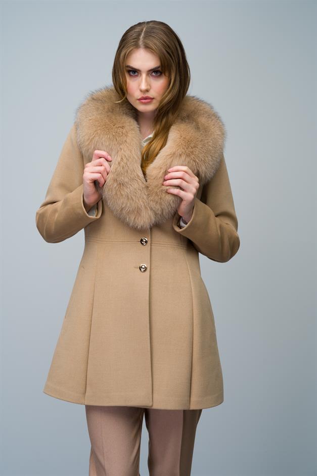 Flared Cashmere Coat with Removable Fur Collar BEIGE 3008-TK