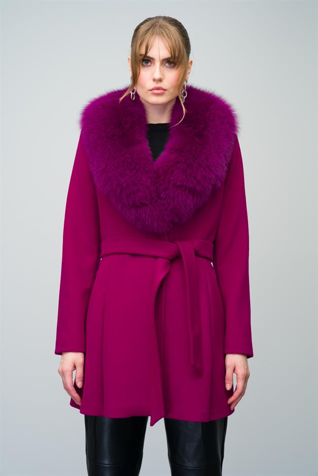 Flared Cashmere Coat with Removable Fur Collar Fuchsia 3008-TK