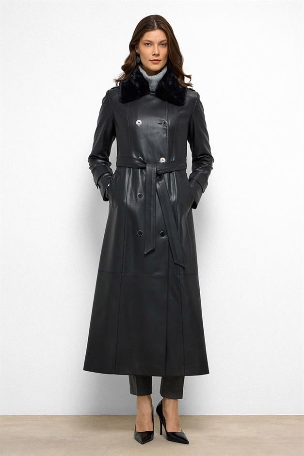 Double-breasted Leather-Look Long Trench Coat with Detachable Fur Collar BLACK 6676