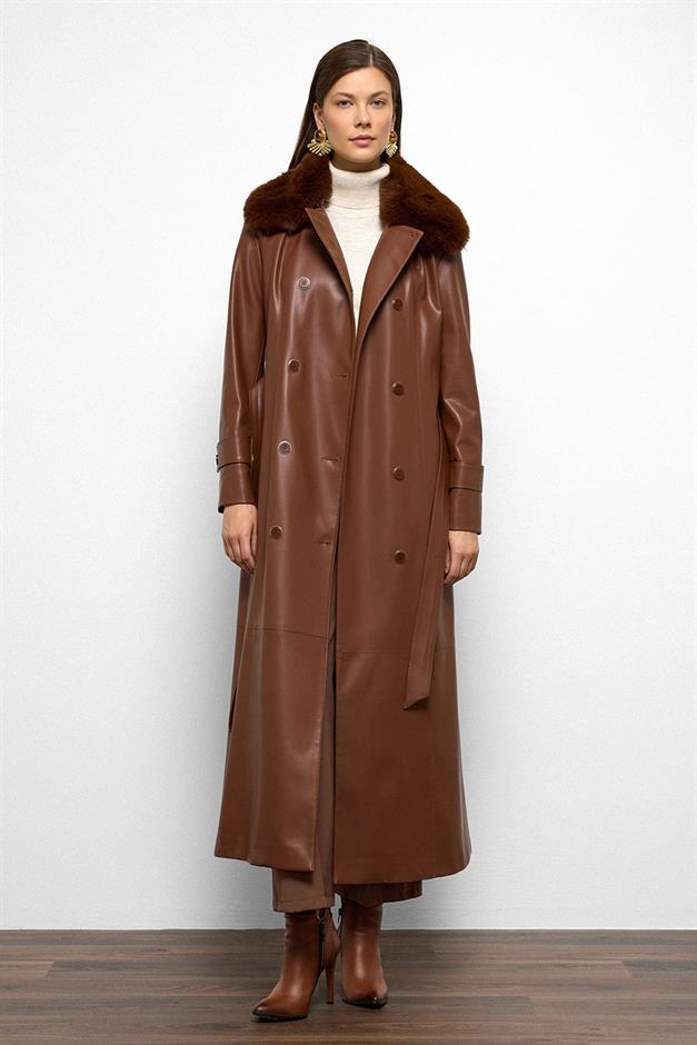 Double-breasted Leather-Look Long Trench Coat with Detachable Fur Collar CAMEL 6676