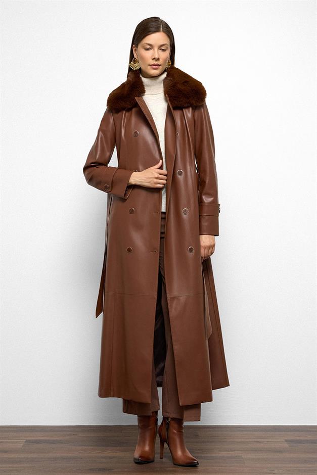 Double-breasted Leather-Look Long Trench Coat with Detachable Fur Collar CAMEL 6676