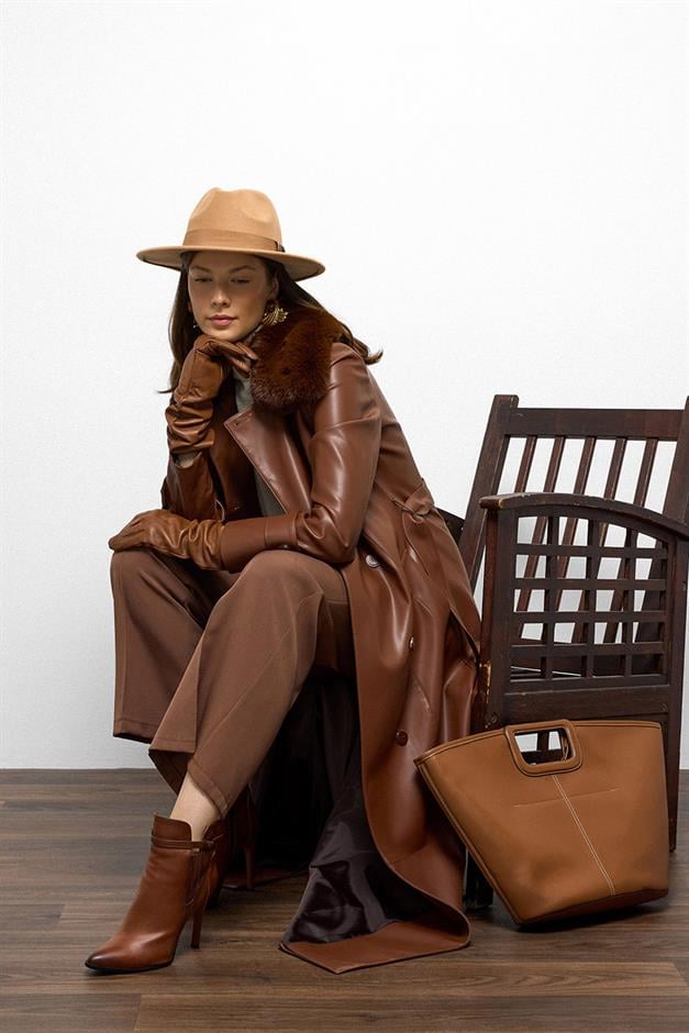 Double-breasted Leather-Look Long Trench Coat with Detachable Fur Collar CAMEL 6676