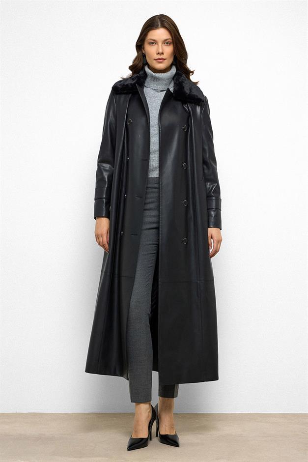 Double-breasted Leather-Look Long Trench Coat with Detachable Fur Collar BLACK 6676