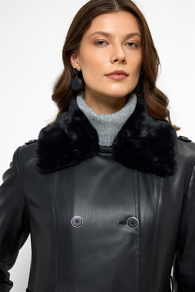 Double-breasted Leather-Look Long Trench Coat with Detachable Fur Collar BLACK 6676