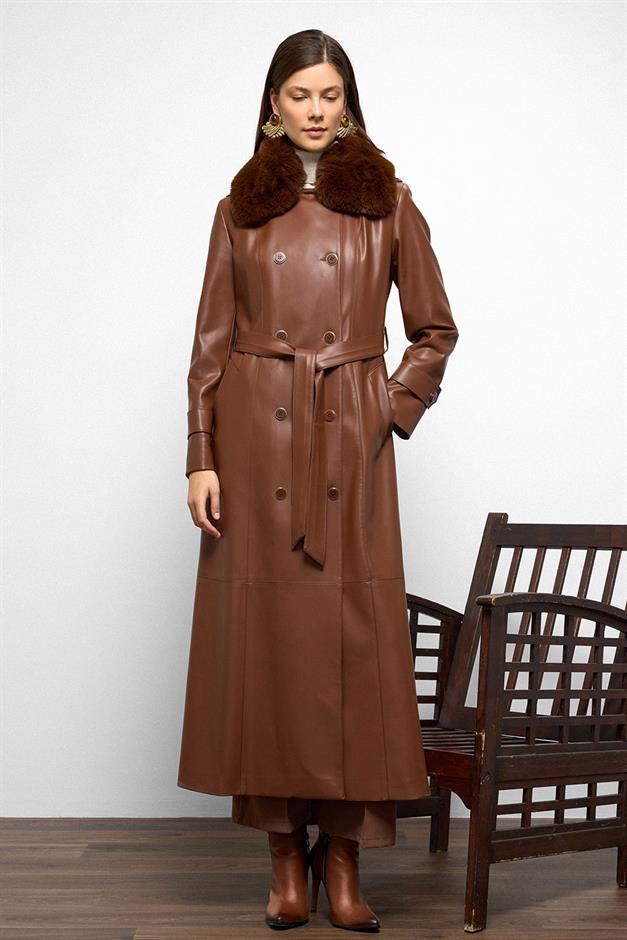 Double-breasted Leather-Look Long Trench Coat with Detachable Fur Collar CAMEL 6676