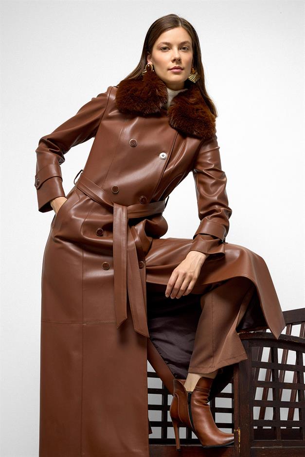 Double-breasted Leather-Look Long Trench Coat with Detachable Fur Collar CAMEL 6676
