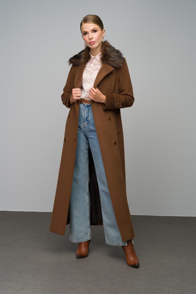 Double-breasted fur coat with removable collar TOBACCO 3991