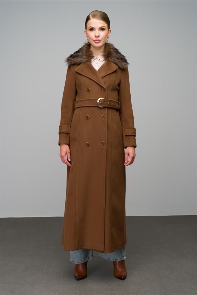 Double-breasted fur coat with removable collar TOBACCO 3991